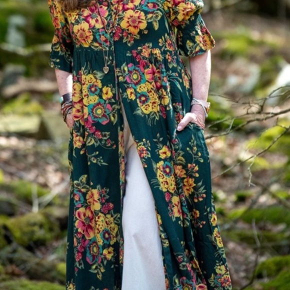 April Cornell Floral Sikkem Maxi Dress Forest Green flowers Sz M-L - Picture 9 of 9